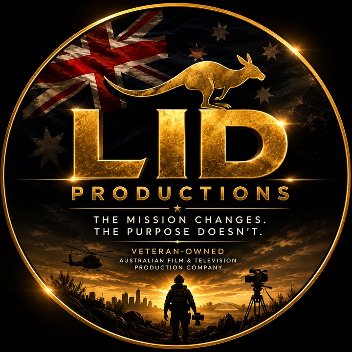 LID Productions logo: a gold circle on black with a gold kangaroo, the Australian flag and a soldier silhouette beside a film camera, with the tagline 'The mission changes. The purpose doesn't.' and 'Veteran-owned Australian film & television production company'